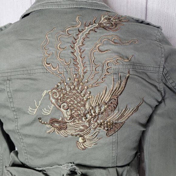 Haute Monde Raw Hem Dragon Embroidered Green Fringe Denim Jacket Womens Small - Picture 10 of 10
